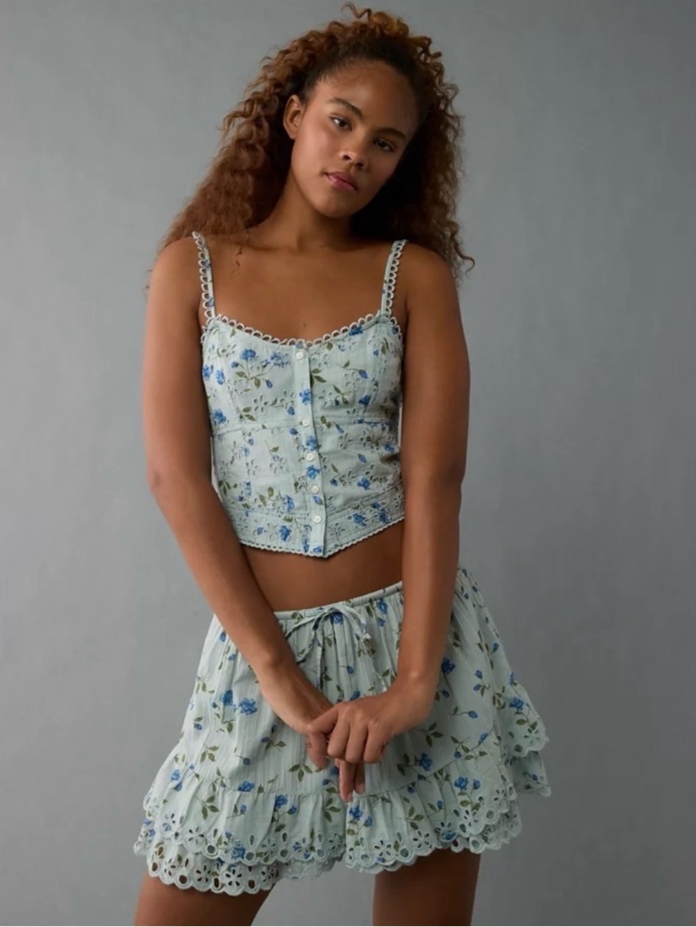 AE High Waist Embroidered Ruffle Mini Skirt
